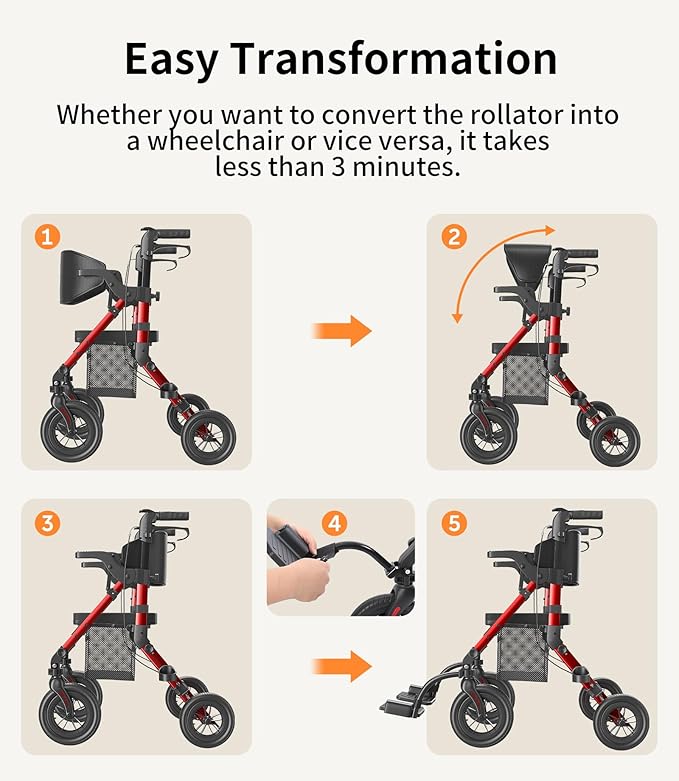 VOCIC Walkers for Seniors, Wheelchairs for Adults, Rollator Walker with Seat, 2 in 1 Rollator Transport Chair with Brakes, Rollator Lightweight Foldable, Walker Wheelchair Combo