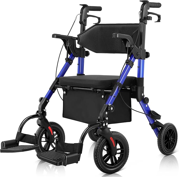 Rollator Walkers for Seniors with Seat, Walker Wheelchair Combo, 2 in 1 Rolling Walker Transport Wheelchair Lightweight Foldable, 10" Big Wheels Transport Chair with Brakes,Blue
