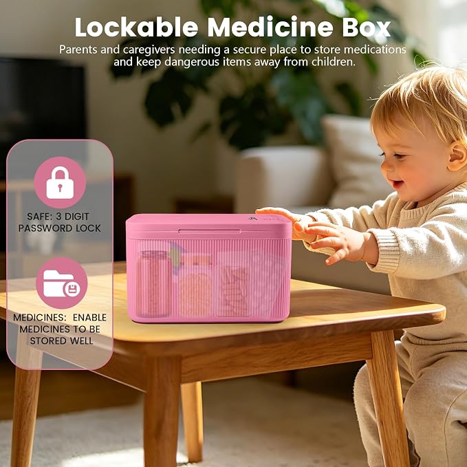 Medicine Lock Box with Code,Taller Size Small Lock Box with Combination Code for Medication Safe,Lock Box for Pills/First Aid Kits/Snack/Ipad Mini,Locked Container for Home/Office 9.4X5.5X5.7inch Pink