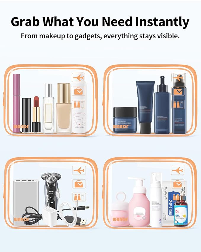 WANDF TSA Approved Toiletry Bag, 2 Pack Clear Makeup Bag | Quart Size, Airport Carry-On, TSA Liquids Travel Bag, Clear PVC, Women Men Travel Essentials