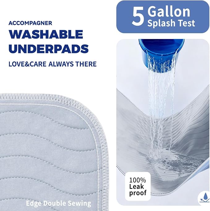 Accompagner Incontinence Bed Pads Washable Waterproof, Ultra-Absorbent Reusable Underpads for Diaper Changing, Nursing, Bedridden, Adults, Seniors, Kids and Dogs (Pearl Gray, 24"x24"(Pack of 4))