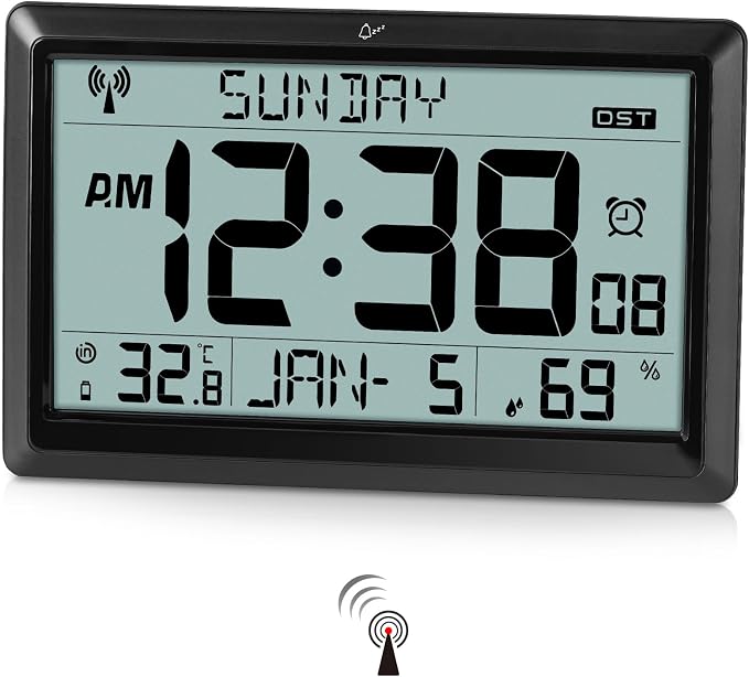 Amgico Digital Wall Clock,10.5" Large Display Atomic Clock,Battery Operated,Digital Calendar Auto Setting with Indoor Temperature,Humidity,Date,Day,Auto DST for Elderly Bedroom Classroom,No Backlight