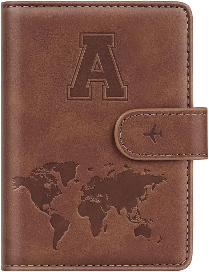 Passport Holder Wallet Cover Personalized Initial Travel Essentials | Embossed Letter A-Z Design, Travel Wallets, RFID Blocking, Passport Book Holders, Women Men, Personalized Gifts, Brown-A