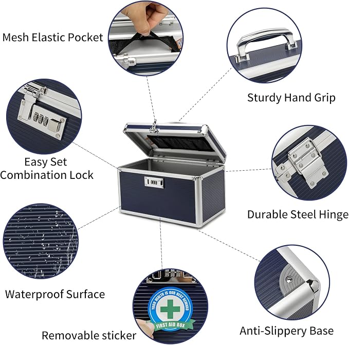 Lockable Medication Box with Portable Storage Case, 12.2 x 7.2 x 7.6 Inch, Childproof Medicine Organizer with Combination Lock, Locking Box for Money, Documents & Meds (Blue/Medium)
