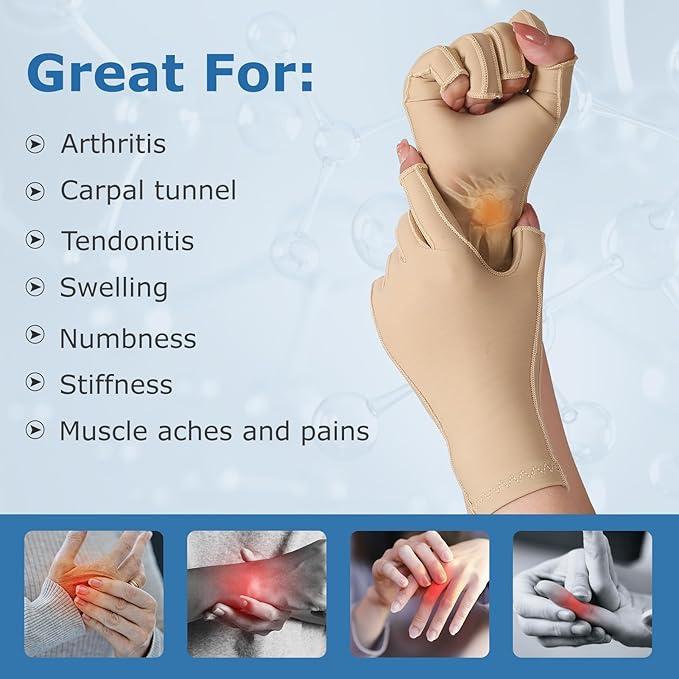 NURCOM Compression Arthritis Gloves Support for Women & Men, Relieve Pain & Swelling from Arthritis, Carpal Tunnel, Tendinitis, Tendonitis, Single Glove for Left & Right Hand,Open Finger Beige X-Large
