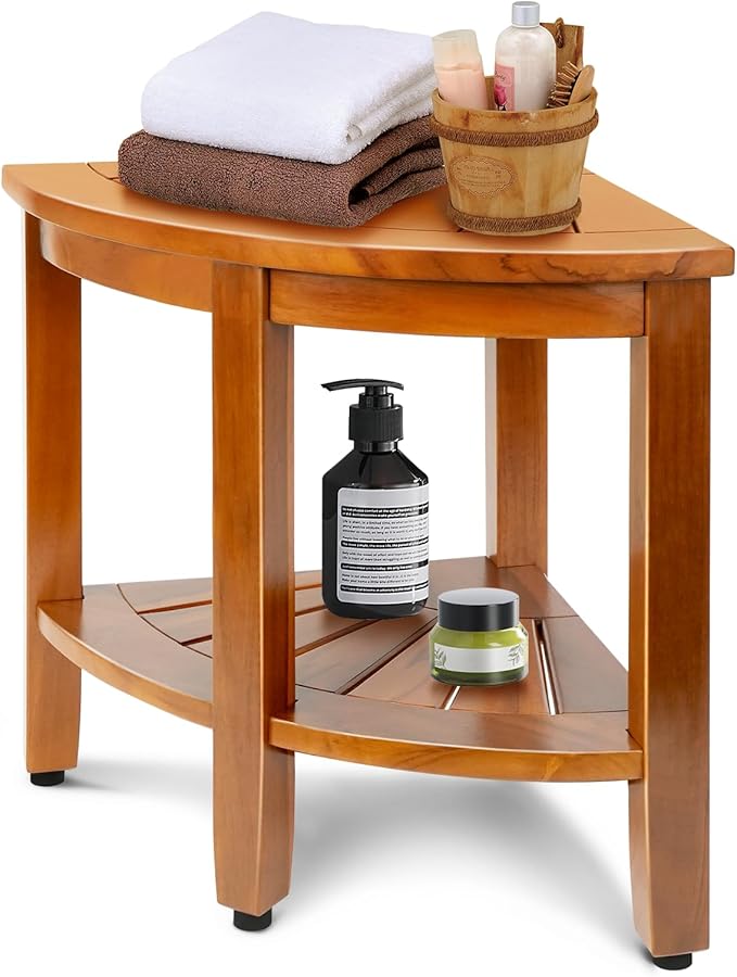 18" Premium Teak Corner Shower Bench with Shelf, Solid Teak Shower Stool, Durable Waterproof Wooden Seat for Inside Shower, Teak Wood Bench for Bathroom, Indoor & Outdoor Use