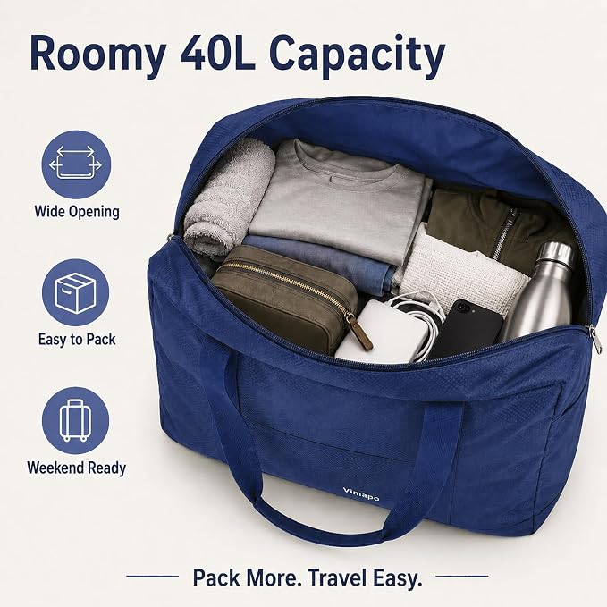 Foldable Travel Duffle Bag with Trolley Sleeve 40L Capacity, Lightweight Packable Travel Duffel Bags with the Keyhole Zipper, Weekender Overnight Nylon Carry on Bag for Men & Women, Blue
