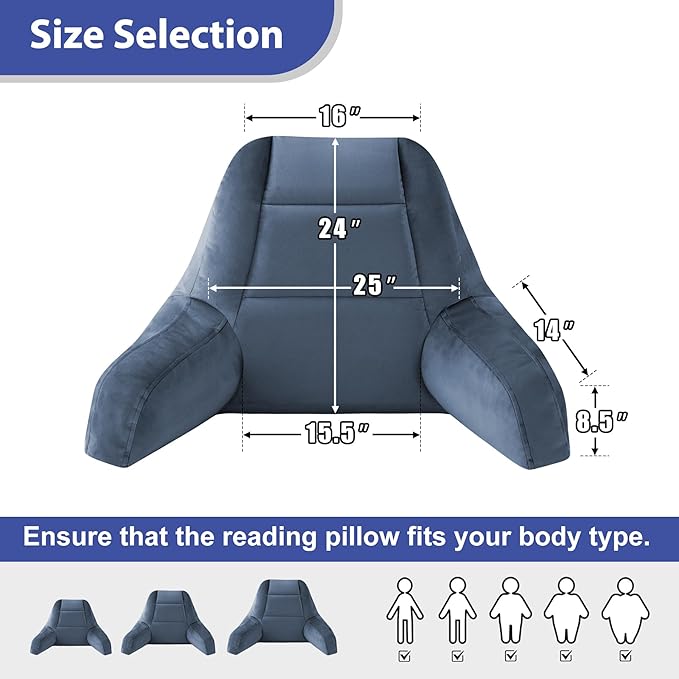 Reading Pillows for Sitting in Bed Adult, Back Pillow for Bed Sitting Up, Backrest Pillows with Shredded Foam for Adult&Teens, Support Pillow with Arms for Beds, Couch, Floor, 24in, Navy Blue
