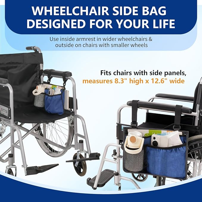 Wheelchair Side Bag, Waterproof Oxford Wheelchair Armrest Storage Pouch with Multiple Pockets, Durable Wheelchair Bags to Hang on Side for Most Wheelchairs, Walkers & Rollators(Blue)