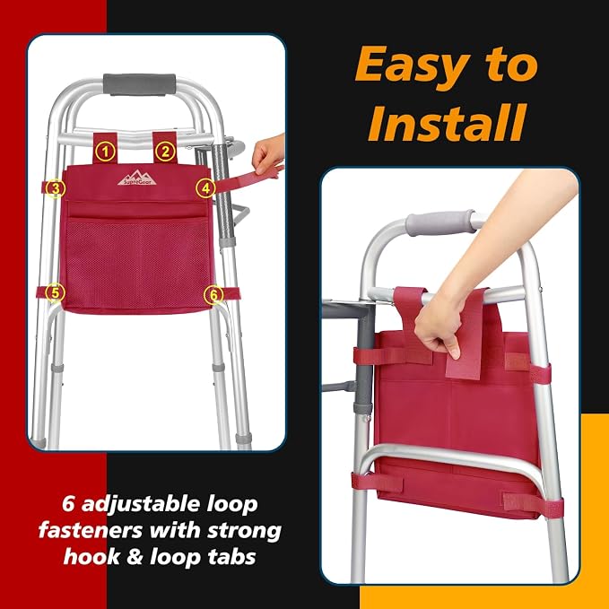 supregear Walker Side Bag, Water Resistant Accessory Basket Pouch for Folding Walkers, Lightweight Hand Free Storage Carrier Tote, Universal Size Seniors Caddy Attachment, Red