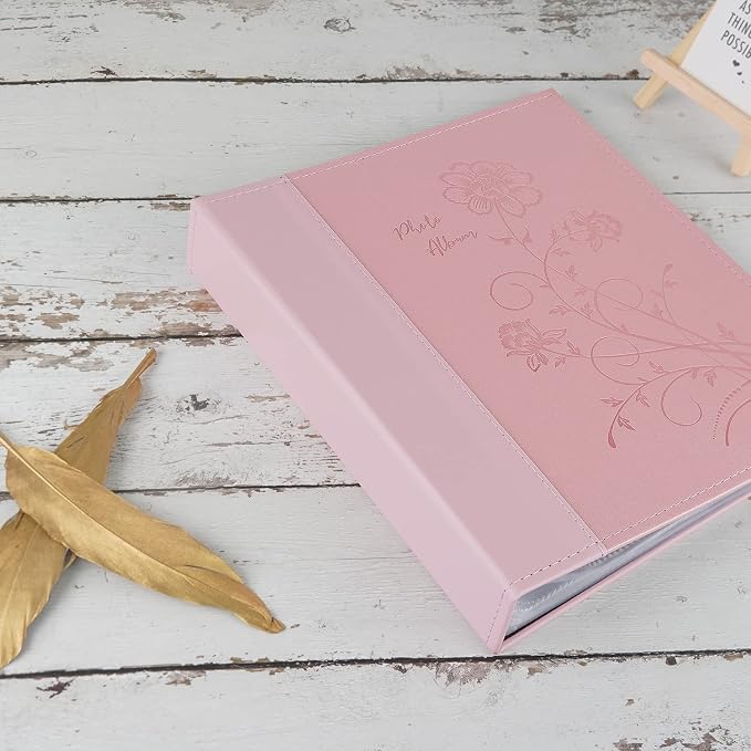 Photo Album 8x10 Clear Pages Pockets Leathe Cover Slip Slide in Photo Album Holds 100 Vertical 8x10 Photos Picture Book for Wedding Family (Pink)