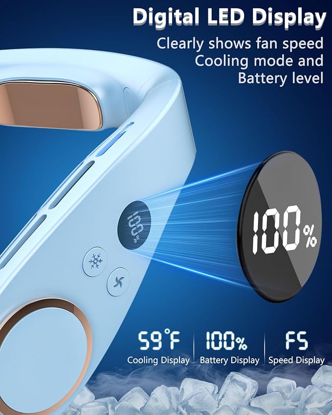 FWV Neck Air Conditioner with Cooling Plate, 5500mAh 3-24H Working, 5-Speed Quiet 30dB, LED Display Personal AC, USB-C Bladless Wearable Cooling Neck Fans that Blow Cold Air for Men Women Kids Blue