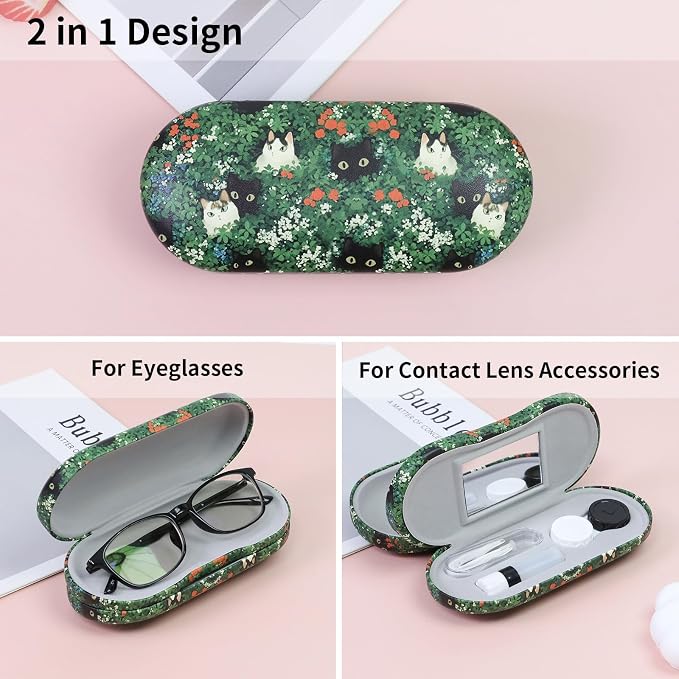 2 in 1 Contact Lens Case and Eyeglasses Case for Women Men Kids, Double Sided Hard Shell Portable Glasses Travel Holder with Built-in Mirror, Contact Lens Box Storage Kit (Green Cat)