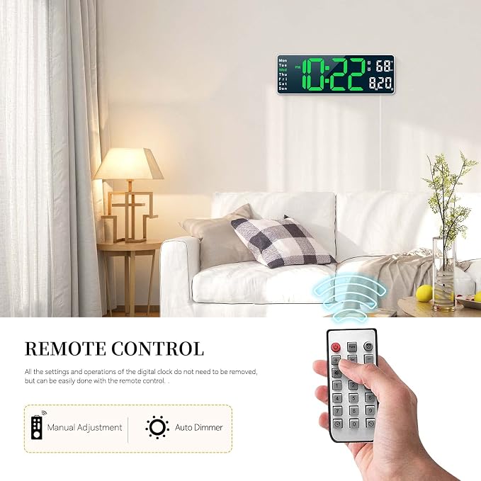 Digital Clock, Digital Wall Clock for Living Room Decor, Desk Alarm Clock for Bedroom, Large Wall Clock with Remote Control, Automatic Brightness Dimmer LED Clock with Date Temperature Week (Green-W)