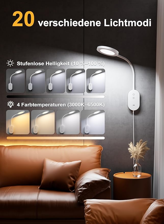 LED Wall Mounted Reading Light for Bed, Book Lights with CRI 95+ for Eye Care, Reading Lamps with 4 Color Modes 5 Dimmable, 10W USB Output Fast, Memory Function, 4 Hour Auto Off Bed Headboard Lamp