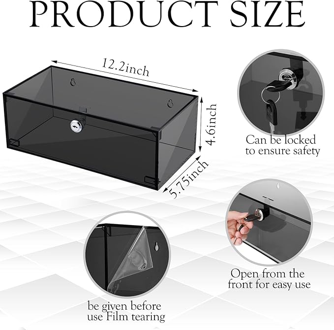 Refrigerator Medicine Lock Box with Keys and Mounting Hardware 12 x 6 x 4.5 Inch Wall Mount Locking Medicine Box Black Acrylic Wall Cabinet, First Aid Kit for Emergencies Home Use