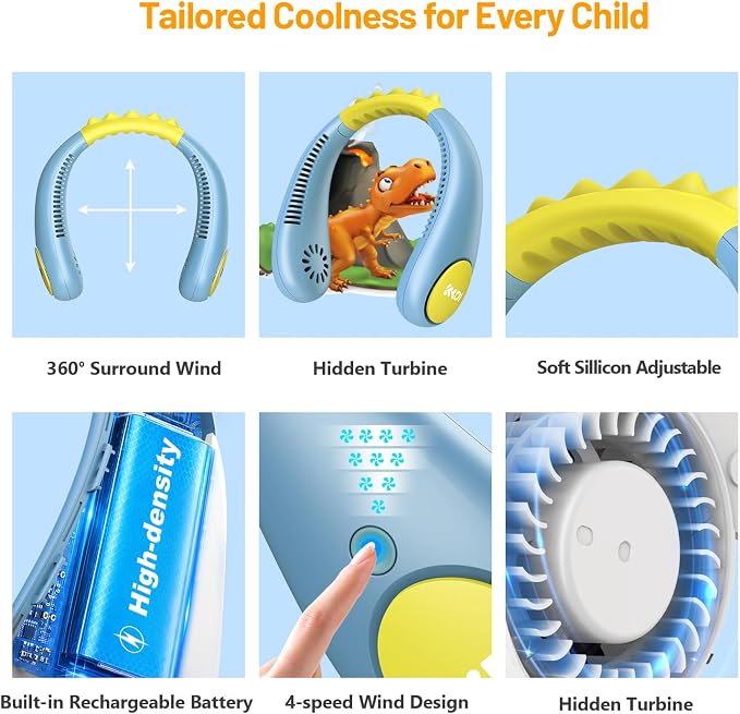 Kids Neck Fan, Portable Bladeless Fans for Kid 4-14Y Girls & Boys, 2600mAh USB Personal Mini Cooling Fan for Travel/Camping/Study, 4 Speeds, Lightweight, Compact, Perfect Summer Gifts for Kids
