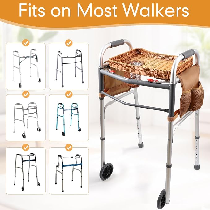 Handwoven Rattan Walker Tray for Folding Walker, Tray for Walker for Seniors Detachable with Cup Holder,Walker Accessories for Elderly,Tray Table Fits Most Standard Walkers (Brown)