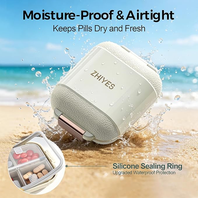 7 Compartments Travel Pill Organizer, Foldable Portable Airtight Daily Pill Box, Compact Pill Case for Purse & Pocket, BPA-Free Medicine Organizer for Vitamins Fish Oil Supplements (White)