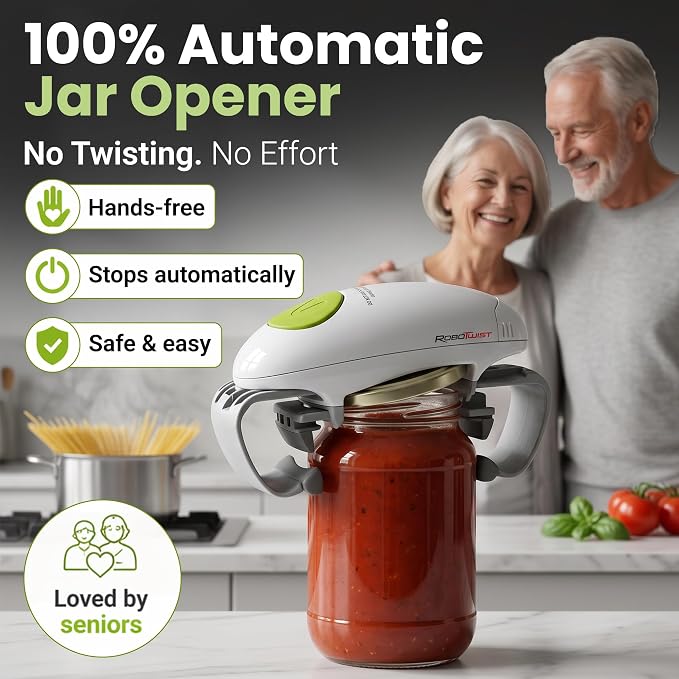 Robotwist Automatic Jar Opener Deluxe Model with Improved Torque | Electric, One Touch Hands Free for Seniors with Arthritis or Weak Hands, Fits All Jars 1.2–3.5 in