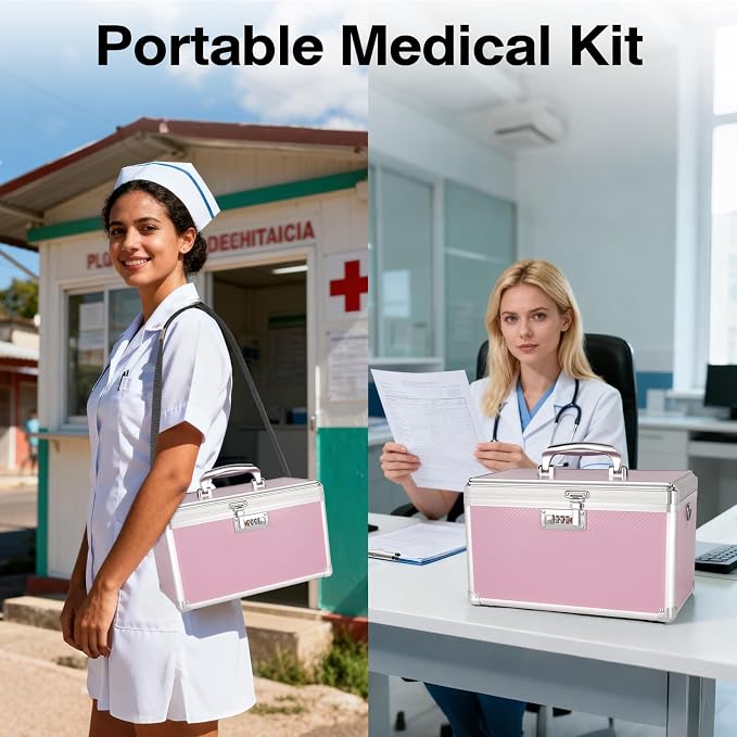 Medicine Box with Combination Lock - 11.2" x 7.6" x 7.6" First Aid Safe Medication Storage Case, Personal Items Safe Case for Hospital & Home & Outdoor 【Pink】