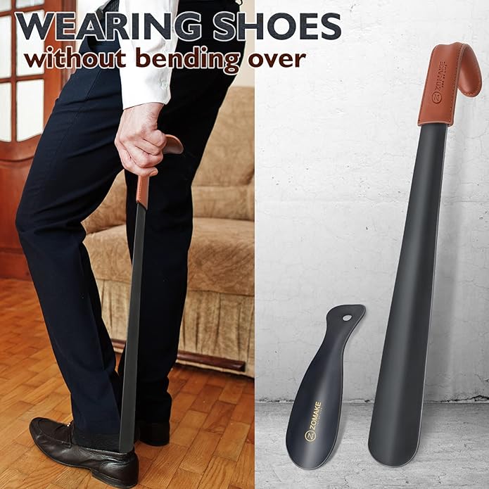 ZOMAKE Long Shoe Horn for Seniors Men,Metal Shoehorn Long handle for Boots, 22.8'' Shoe Spoon Helper
