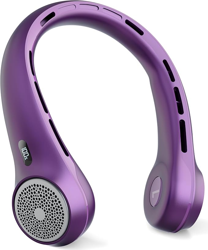 Portable Neck Fan with 4000mAh Rechargeable Battery & LED Display, Personal Cooler for Women/Men, 3-Speed Bladeless 360° Cooling Fans, Stylish Gift for Gym/Travel/Office,Purple