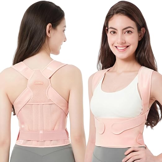 Posture Corrector for Women and Men: Adjustable Back Brace for Upper Back Support & Shoulder Neck Pain Relief - Lightweight Breathable Design (Pink Large)