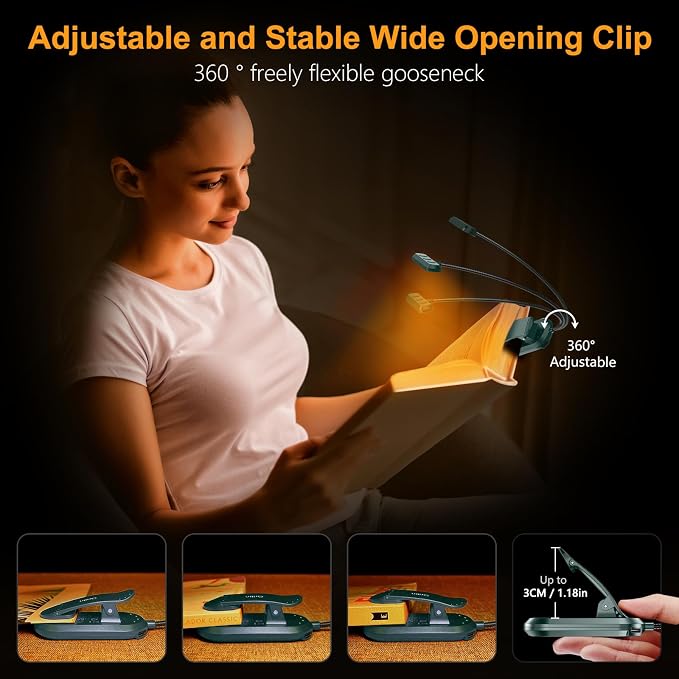 Gritin Rechargeable Book Light for Reading in Bed with 19 LED | Eye Caring 3 Color Temps, 5 Brightness Levels, Memory Function, 90 Hrs Runtime Flexible Goose Neck Clip on Light-Aquamarine