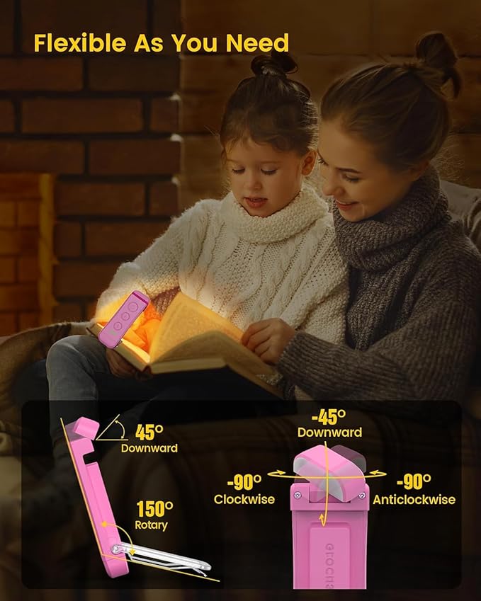 Glocusent USB Rechargeable Book Light, Portable Clip-on LED Reading Light, Reading Lights for Books in Bed with 3 Amber Colors & 5 Brightness Dimmable, Compact & Long Lasting, Perfect for Book Lovers