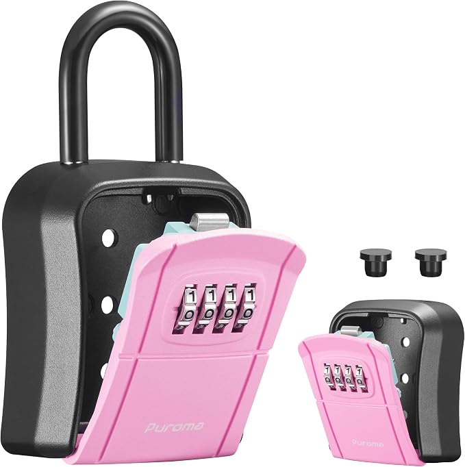 Puroma Key Lock Box Outdoor 4 Digit Code Combination Lockbox House, 1 Pink | For Contractors Guest Realtor Storage Keys, Portable, Home Wall Mount, Resettable, Combination, Weatherproof, High-capacity