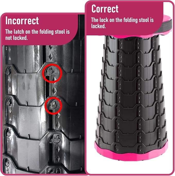 Doseno Collapsible Stool, Portable Stool, Foldable Collapsible Seat, Pink | Retractable foldable stool spans 2.4-17.5 in; portable seat with carry strap for fishing, hiking, camping, BBQ and travel.