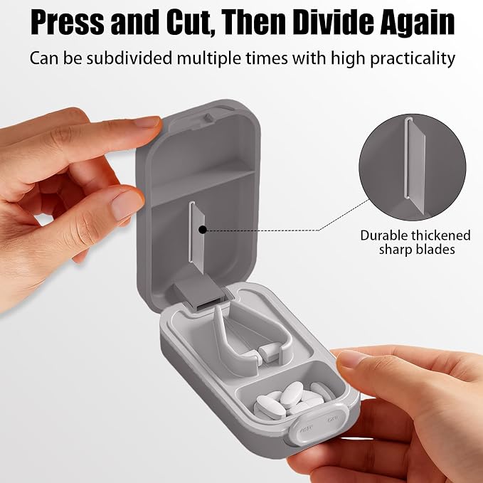 Pill Cutter Splitter for Small or Large Pills with Safety Lock - Accurate and Easy Travel-Friendly Design for Daily Use (Gray)