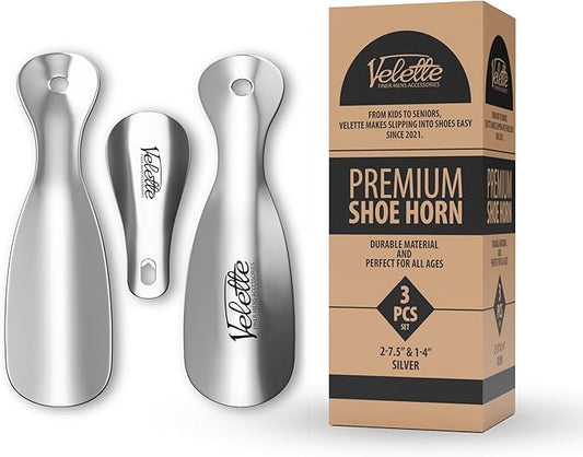 Velette 3-Pack Metal Shoehorn - 2 Set 7.5" Long Shoe Horn,1 Set 4" Travel Shoe Horn for Kids, Men & Women - Shoes Helper, Spoon, Travel Size Shoehorn for Boots, Shoes, Sneakers, Heels and More