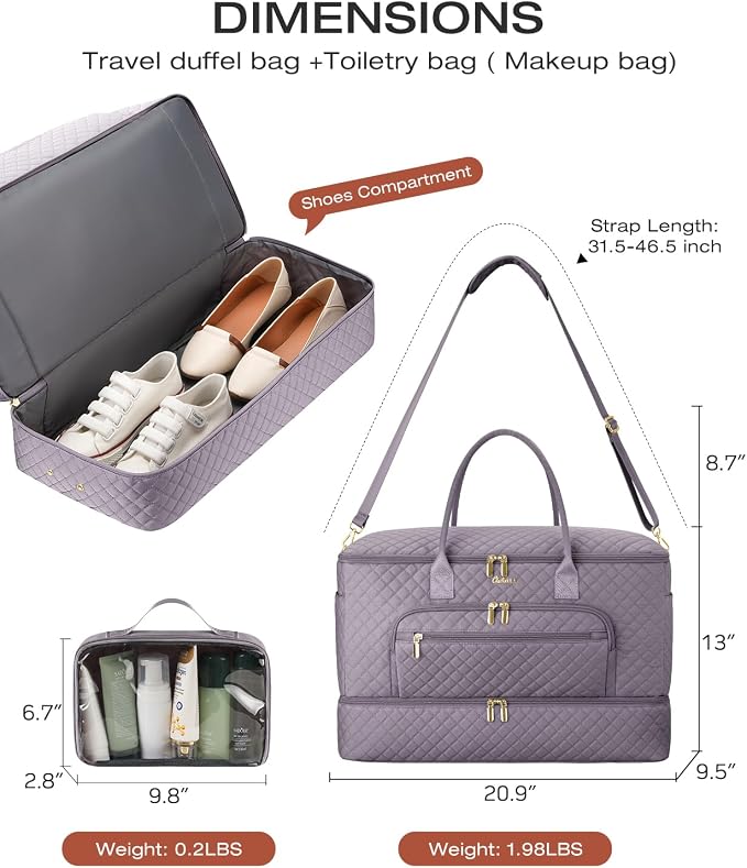Travel Duffle Bag, Wide Open Large Weekender Bag for Women with Shoe Compartment, Carry on Overnight Bags with Toiletry Bag, Hospital Bag for Women Labor Delivery with Wet Pocket (Purple Grey)
