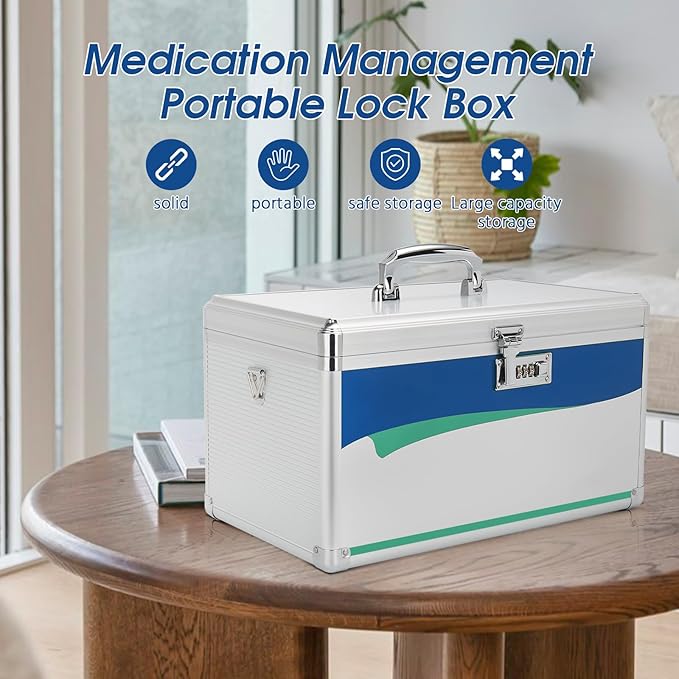 Medicine Lock Box with Combination Lock - 11.2 x 7.6 x 7.6 Inches - First Aid Safe Medication Storage Box, Medications and Personal Items, Safe Boxes for Home and Outdoor - Silver