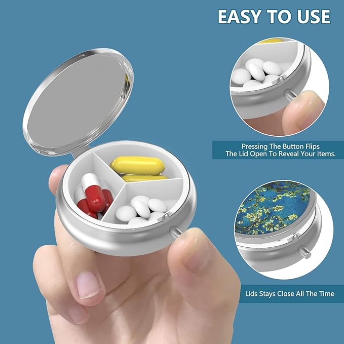 Pill Box 3 Compartment Small Pill Case,Portable for Pocket or Purse Pill Organizer Pill Container Holder to Hold Vitamins, Medication, Fish Oil and Supplements(Colorful Mandala)