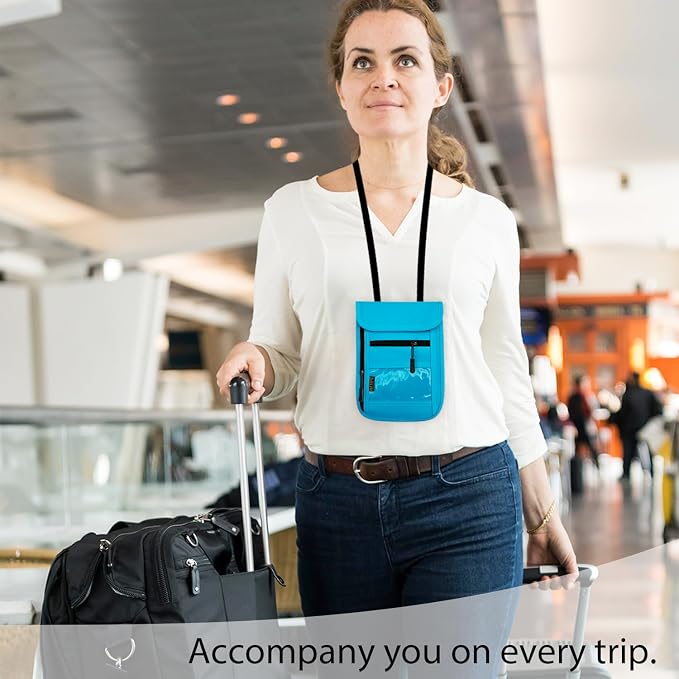 RFID Blocking Travel Neck Wallet Pouch and Passport Holder, Travel Neck Pouch Passport Holder for Women & Men - Light Blue