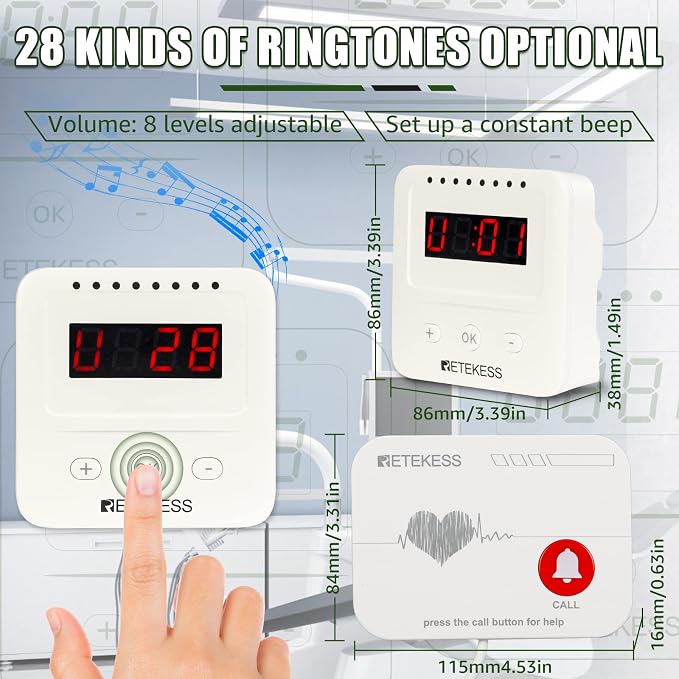 Retekess TH106 Wireless Caregiver Pager System for Home,Clinic,Nursing Home | Two power supply methods, 656ft, 28 optional ringtones, Memory function