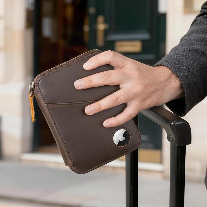 Polare Leather Pilot Wallet Passport Holder RFID Blocking Tri-fold Travel Cover Document Organizer for Aviation Professionals (Dark Brown(YKK Zipper with AirTag Slot))