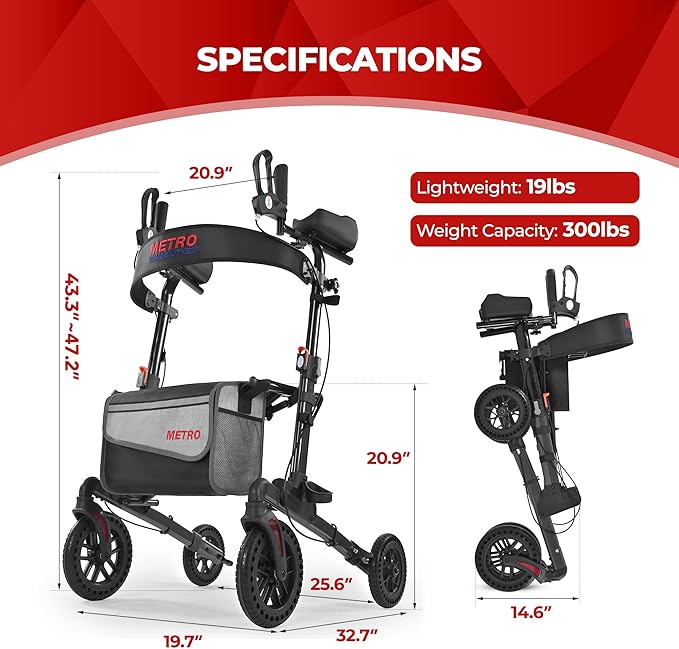 Metro Mobility Rollator Walker with Seat for Seniors, Foldable Lightweight Rolling Walker, 10" Big Front Shock-Absorbing Honeycomb Wheels for All Terrain, 300 lb. Weight Capacity, Black