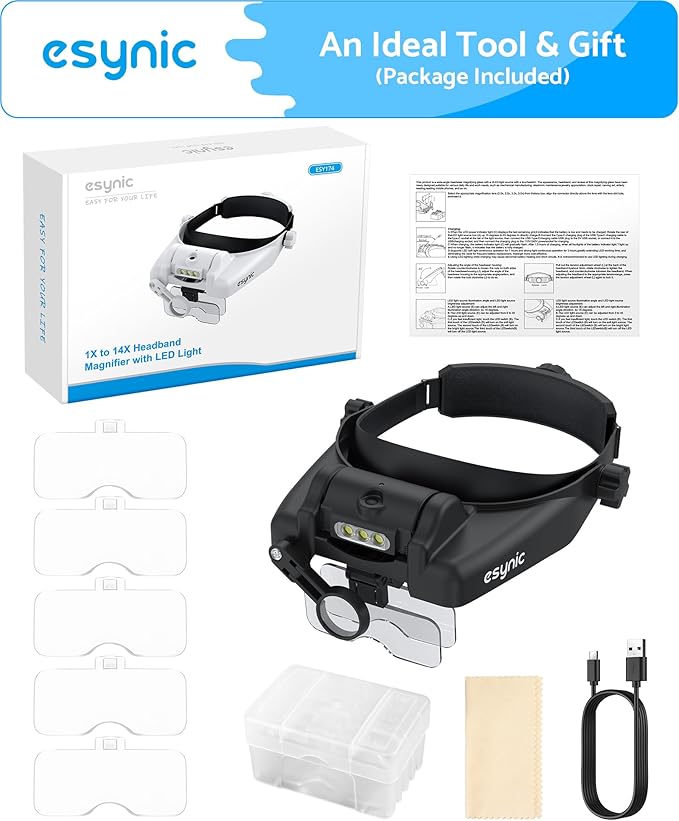 eSynic Professional 1-14X Head Magnifier Wearable Headband Magnifying Glasses Rechargeable Head Magnifying Glass with 3 LED Lights &5 Detachable Acrylic Lenses for Craft Work Reading Sewing etc