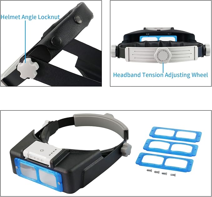 Headband Magnifier with Light，Rechargeable，Glasses for Close Work, 4 Lenses | The 4 lenses can be replaced. ，Loupe Visor for Repair,Crafts, Hobby，Jewelers，hands free magnifying glasses with light