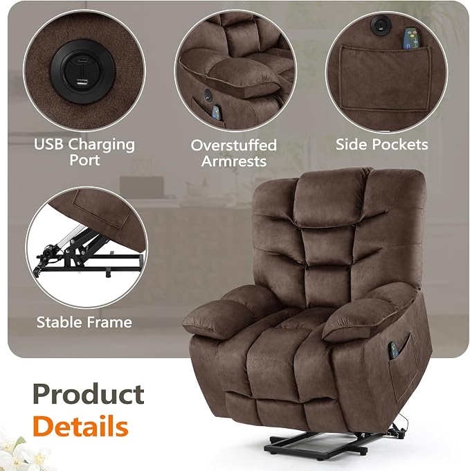 HAOMARKETS Oversized Power Lift Recliner Set of 2 with Massage and Heat for Elderly, Electric Lifting Reclining Chair with Side Pockets and USB Port for Living Room, Drown