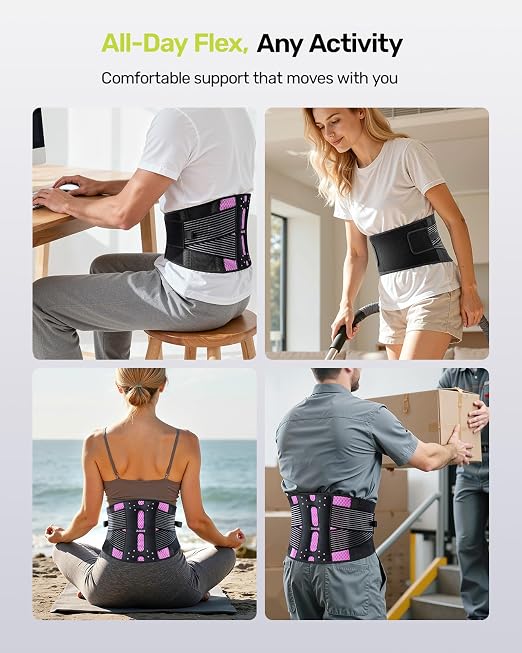 Rakiie Slim Back Brace for Lower Back Pain Relief, Lightweight & Breathable Back Support Brace for Men Women, Ergonomic Light Lumbar Support for Everyday Wear, Pink M