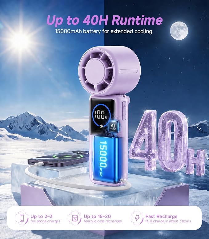 Turbo Portable Handheld Fan, 15000mAh Rechargeable Personal Fan for Travel | 15m/s Foldable Neck Fan with 100 Speeds, Up to 50H Runtime, Built-in USB-C Output and Display for Concerts and Outdoors