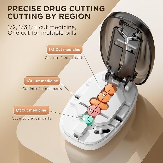Pill Cutter Splitter for Small and Tiny Pills, 1/2 1/4 Pill Splitter for Small Pills,Tablets in Half or Quarters, Accurate and Easy Cutting, Stainless Steel Blade, Back Storage (Transparent Black)