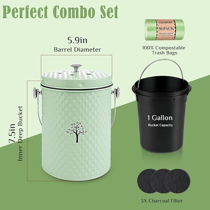 Countertop Compost Bin, Odor-Free Food Waste Container with 50 Bags | 1 Gallon Container,2 Carbon Filters,Compost Bucket, coffee grounds