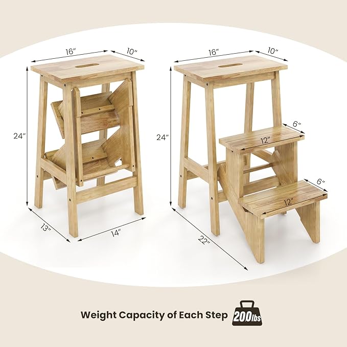 Costzon Folding 3 Step Stool, 3 in 1 Wooden Step Ladder with Handle, Non-Slip Pedal, Multifunctional Storage Shelf, Flower Rack for Kitchen, Library, Garage, Foldable Step Stool for Adults Kids