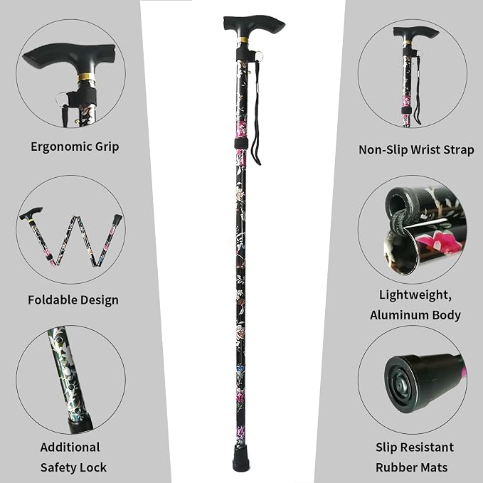 Folding Canes for Men and Women, Floral | 5-Level Adjustable Height, Lightweight Collapsible, Aluminum, Wrist Strap, T Handle, Walking Sticks for Seniors Adults